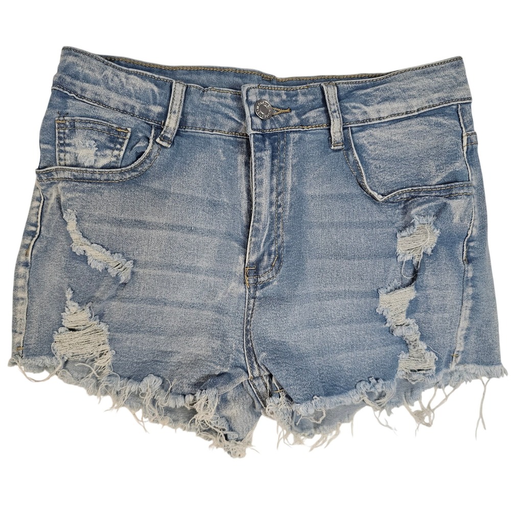 SHEIN Distressed Denim Shorts Medium Wash High Waisted Frayed Hem Size 6 M